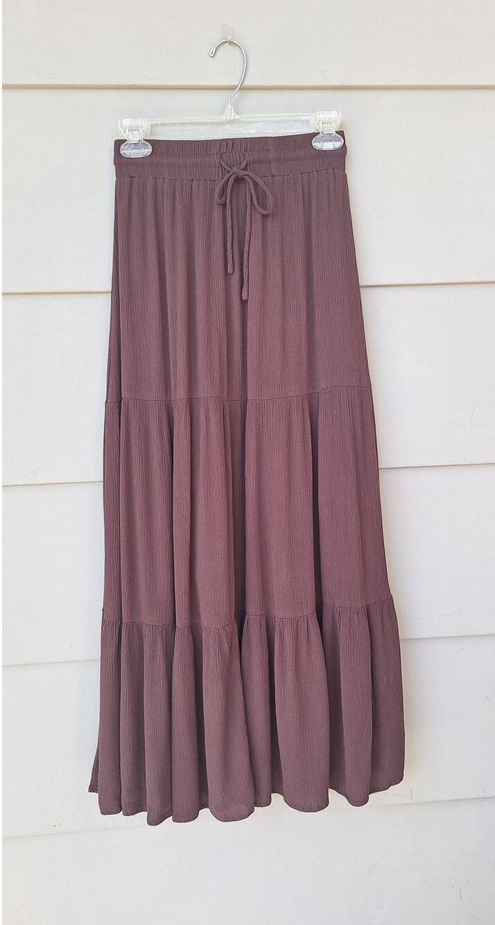 Vintage Passport Tiered Gauze Rayon Maxi Skirt Elastic Waist Chocolate Brown S